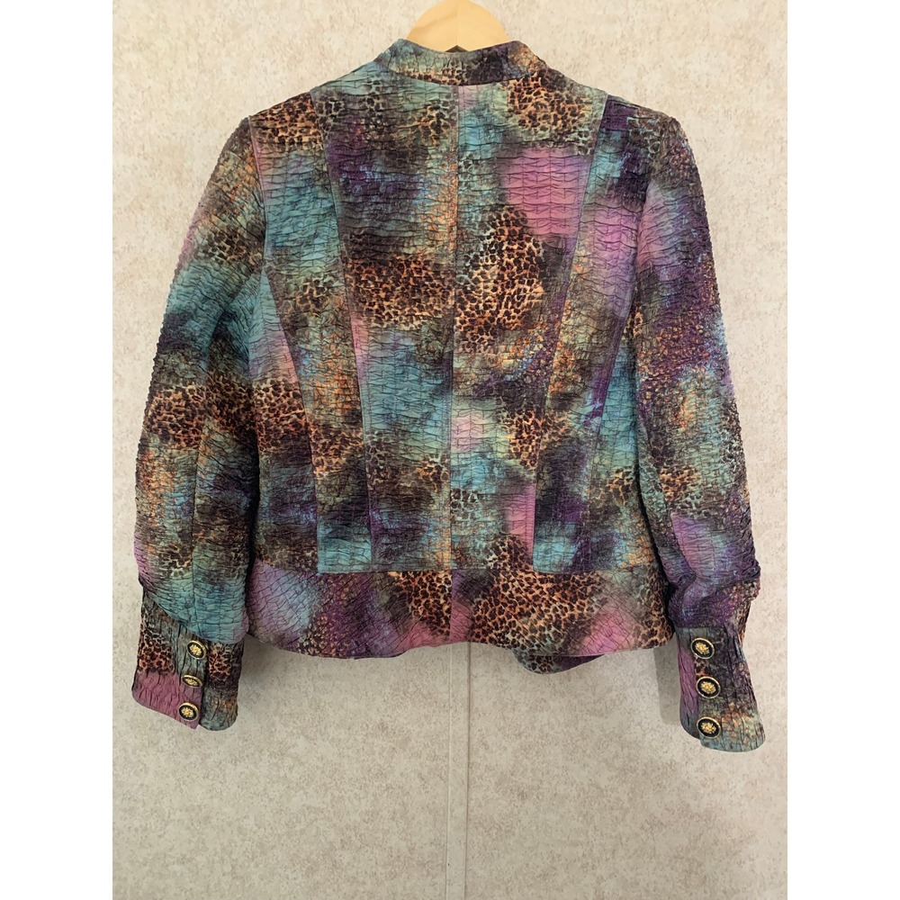 BOHO CHIC Textured Animal Print Jacket Teal Purple Orange Gold Button SZ 14 - Picture 8 of 11